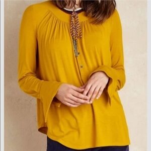 Anthropologie Mustard Blouse with Tie Accent